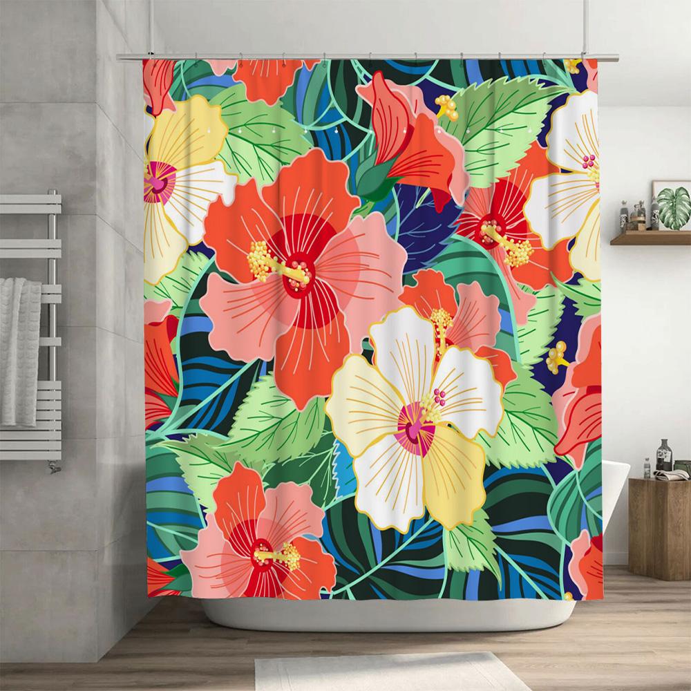Colorful Floral Shower Curtain: Unique Bathroom Decor with Hibiscus Pattern 180x240cm Size Customizable for Home Decor Gifts fro