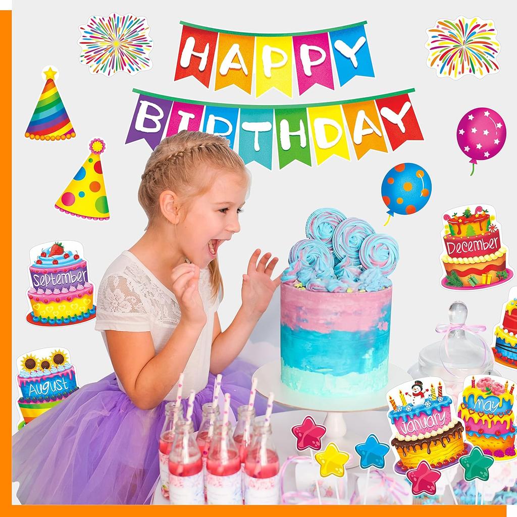 39 PCS Happy Birthday Bulletin Board Set, Colorful Birthday Decoration Cakes, Stars, Firework, Balloon, Party Hats Cut-Outs Classroom Decorations
