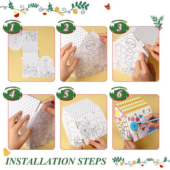 12 ks Vánoční omalovánka domeček DIY řemeslná sada s 24 barevnými fixami Živé sváteční ozdoby Vánoční domácí dekorace