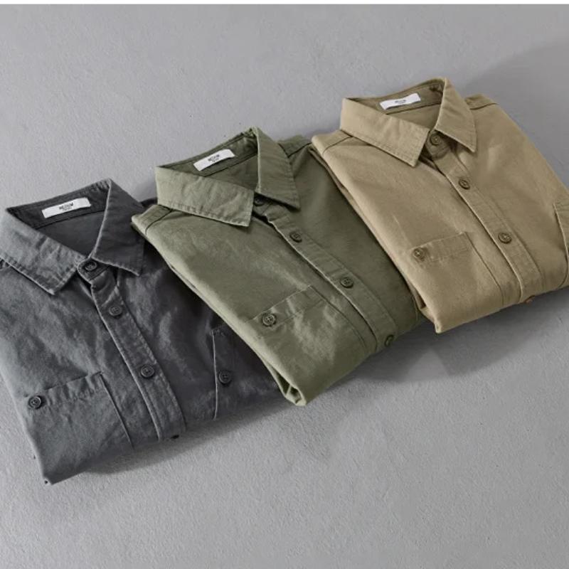 Retro Style Cargo Shirts for Men Spring/autumn Casual 100Cotton Long Sleeve Solid Color Shirt with Pocket Korean Fashion Youth Men Clothing