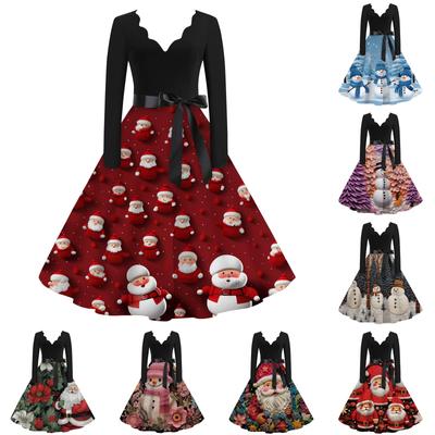 Vestido Casual y de Moda para Mujer con Estampado Navideño, Cuello en V y Bajo Amplio, Vestido de Manga Larga