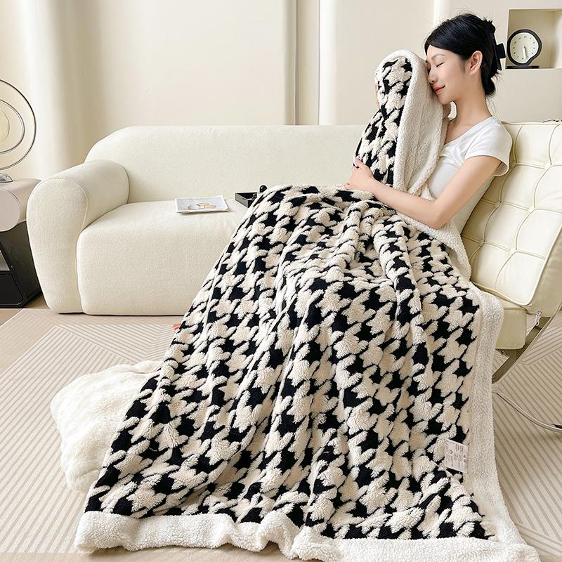 Houndstooth Pattern Spring Autumn Warm Fleece Blanket Cozy Soft Office Naps Sofa Bed Throw Blankets Jacquard Soft Plush Blanket