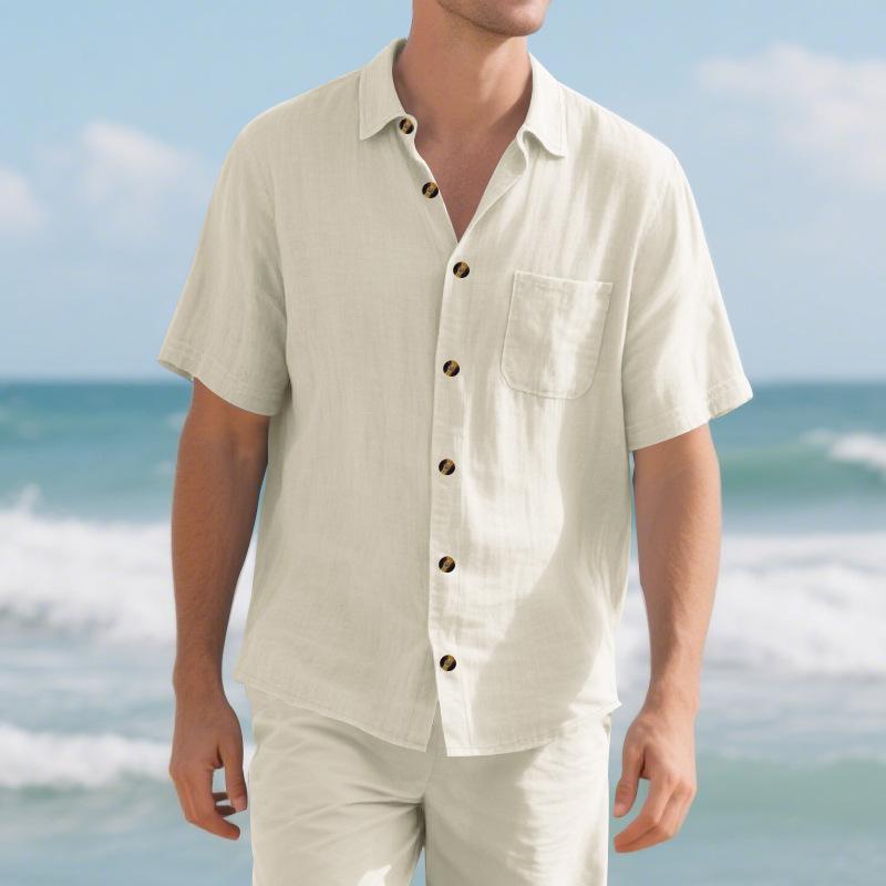 Herren locker lässig einfarbig Leinen Kurzarm Hemd mit Knöpfen und Brusttasche