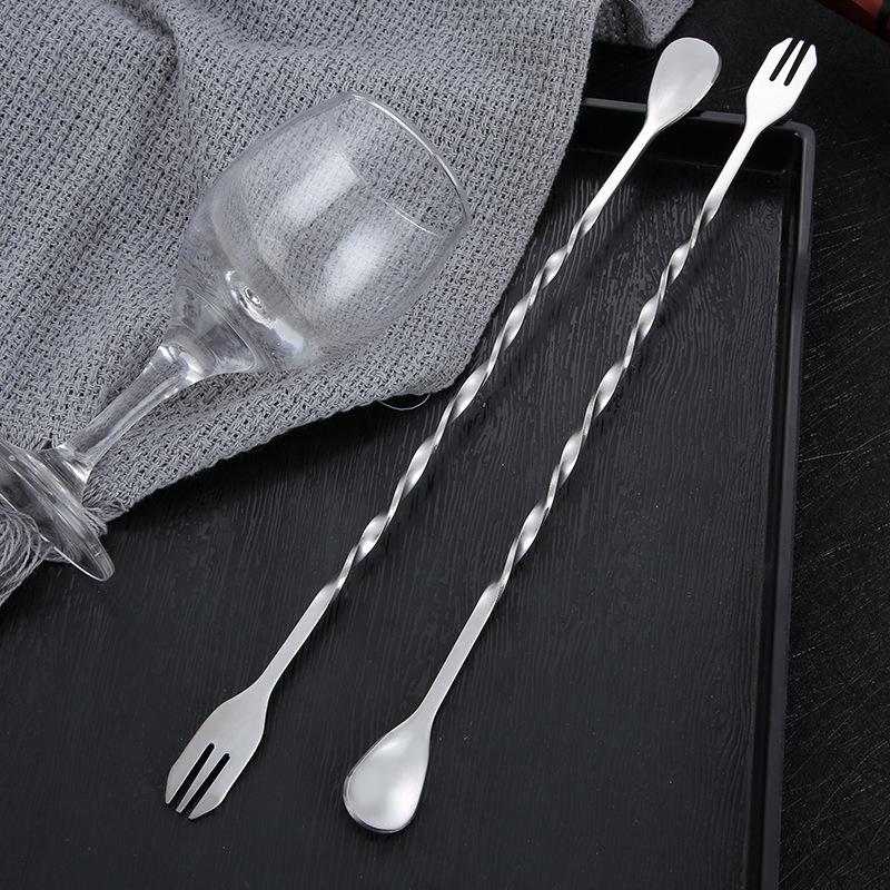 304 Stainless Steel Long-Handle Double-Ended Cocktail Stirring Spoon & Fork