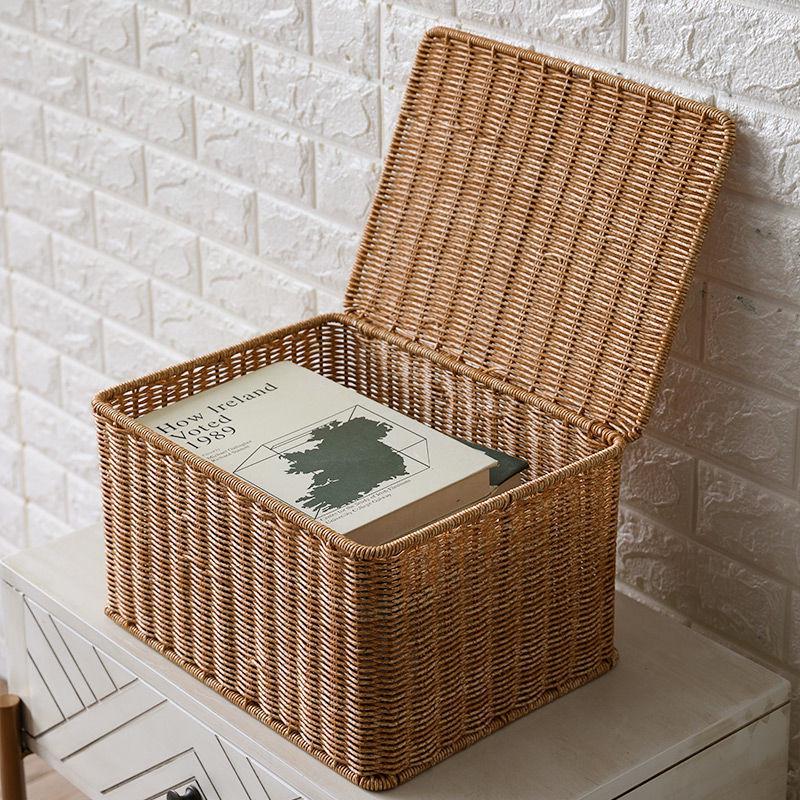 Nordic Style Rattan-Look Woven Storage Box with Lid for Bedroom and Household Organization.