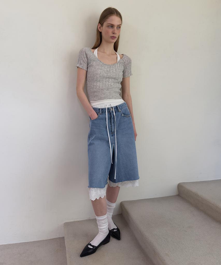 Daiaegeuneol Denim Wrap Skirt Shorts (Blue)