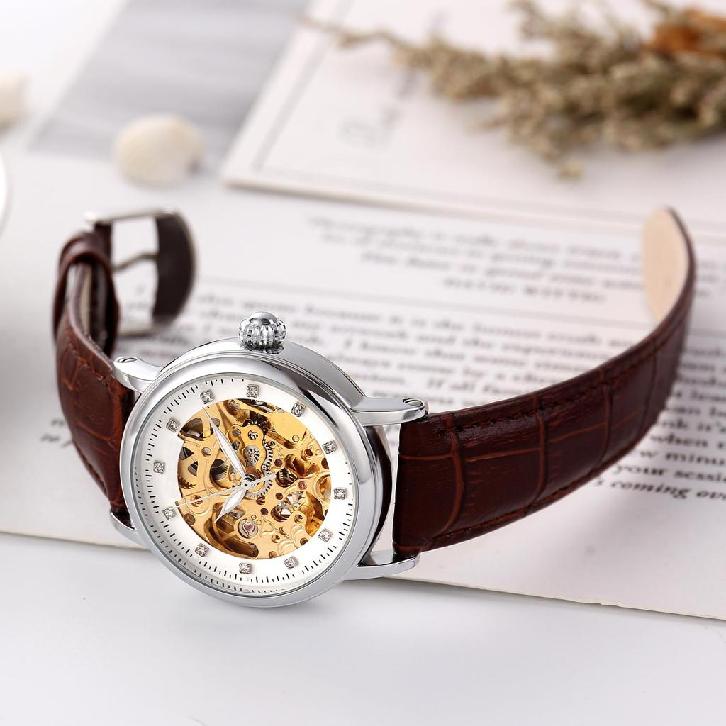 RORIOS Watch Women's Popular Fashion Leather Mechanical Automatic Luminous Clover Skeleton Hollow Business Watch Skeleton white & brown A
