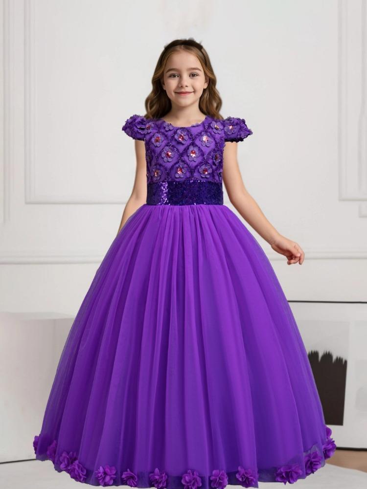 2026 Mädchenkleider Mittelgroße und Große Kinder Puffärmel Pailletten Hochzeit Blumenmädchen Klavieraufführung Prinzessinnenkleider Lang Lieblingskleid des Mädchens