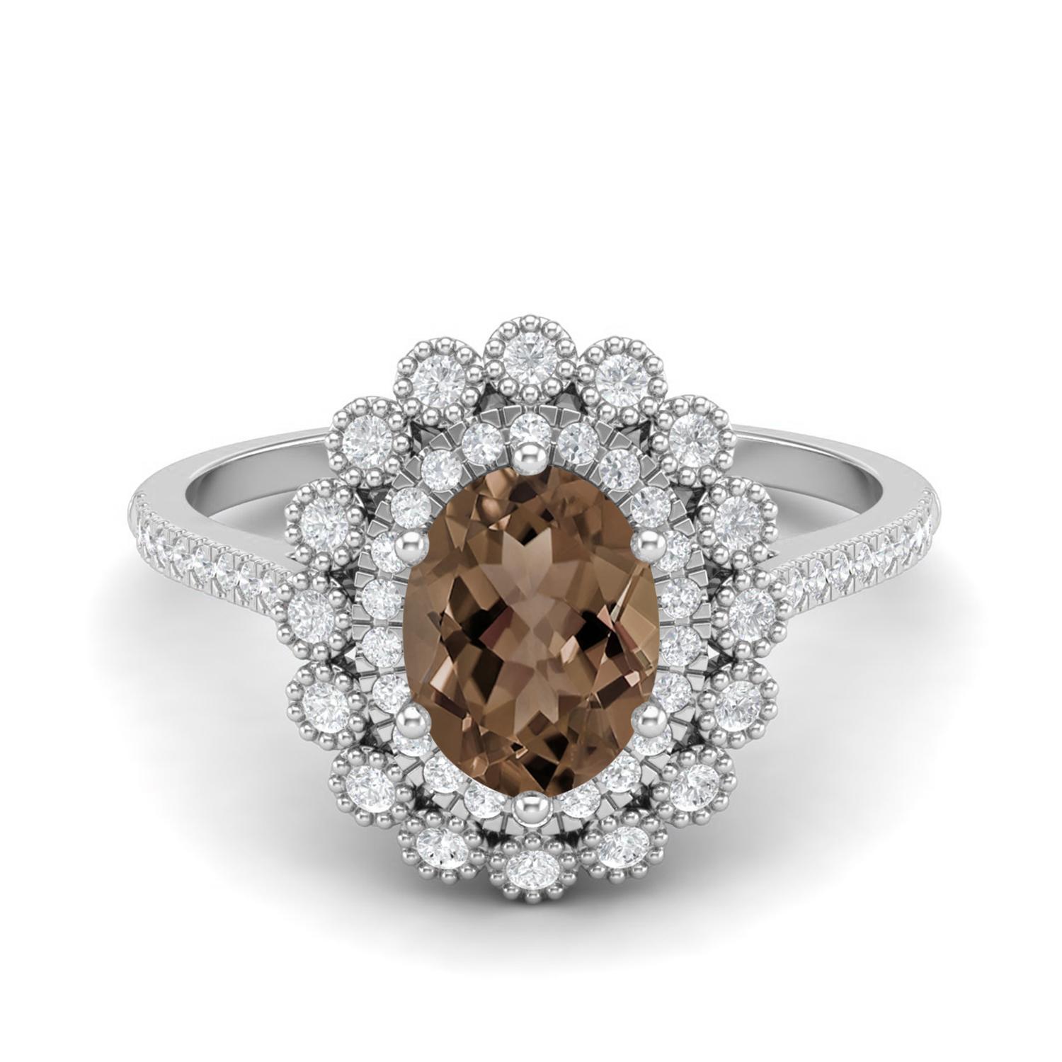 

8X6mm Oval Smoky Quartz 925 Sterling Silver Solitaire Halo Floral Engagement Women Ring 12