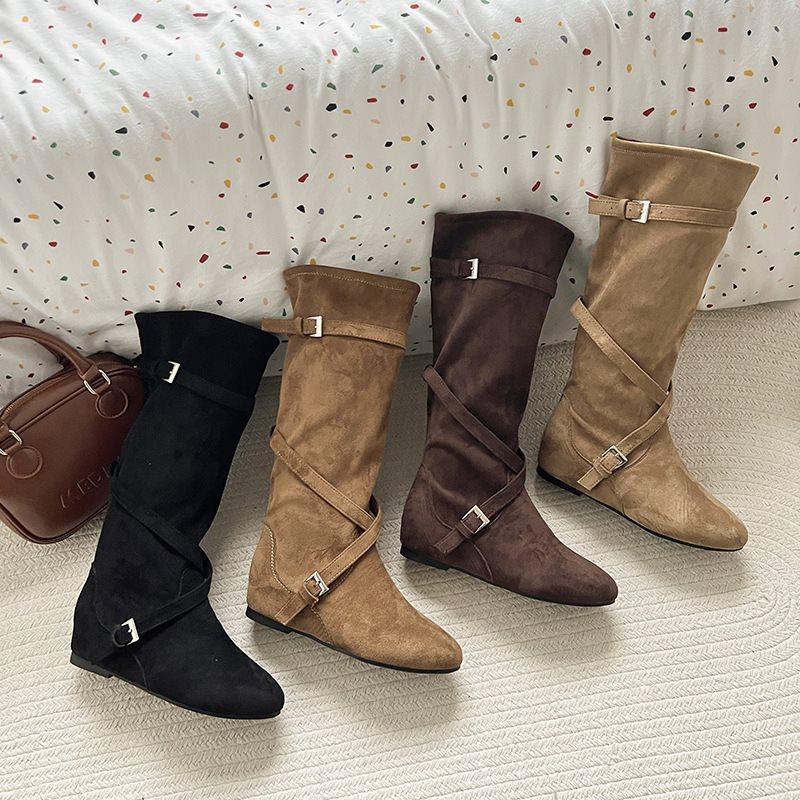 Belt buckles pile up new boots versatile knight boots long boots women 2025 thin retro inner height increase autumn tall tube