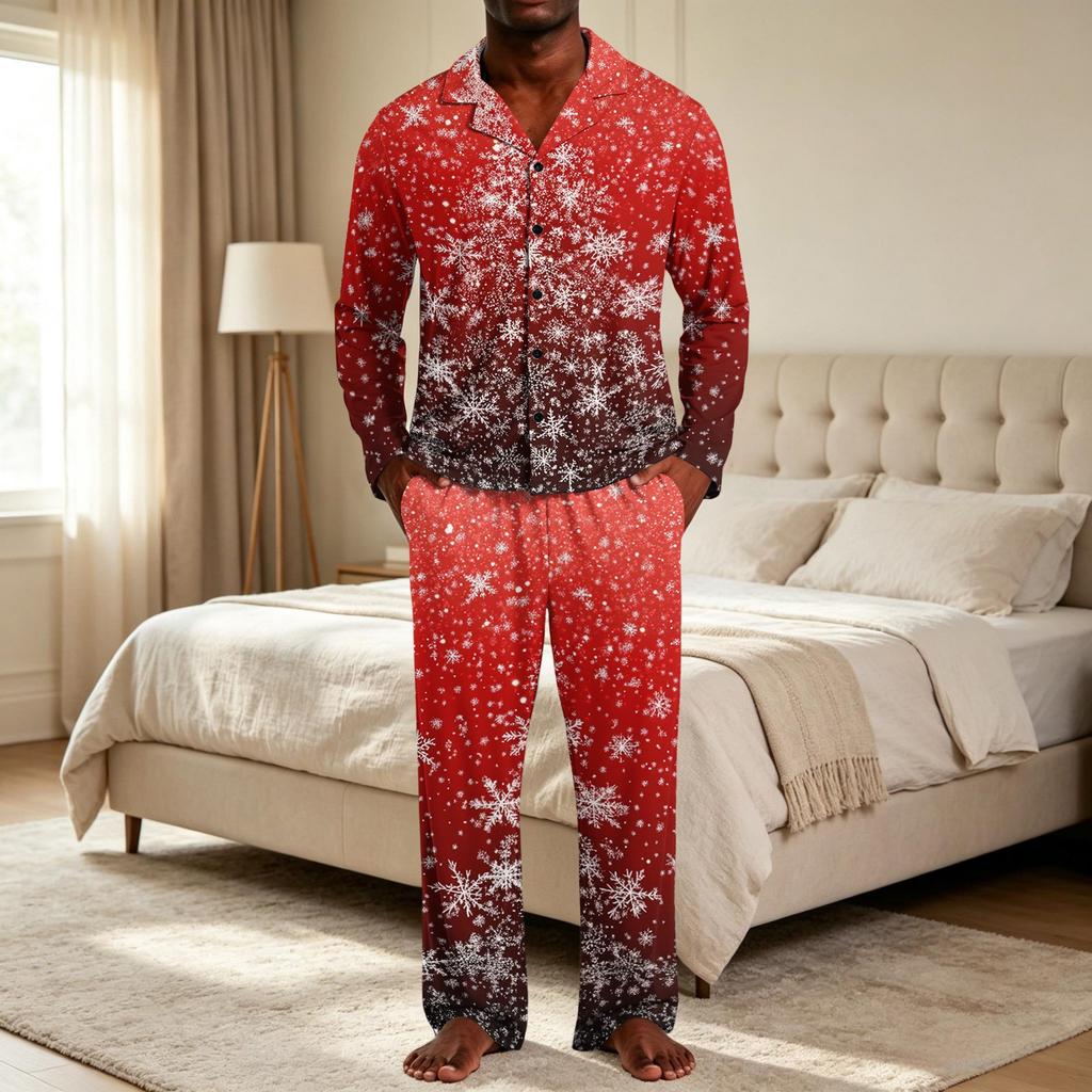 Men's Loose Fit Christmas Print Pajama Set with Button Down Top and Straight Leg Pants - Two Piece Holiday Sleepwear
