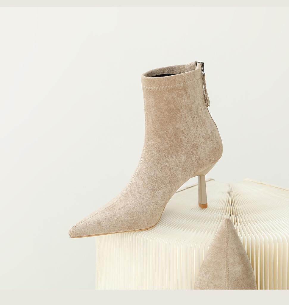 Cowhide version~ high-heeled short boots women's new spring and autumn single boots temperament pointed thin heel suede elastic thin boots