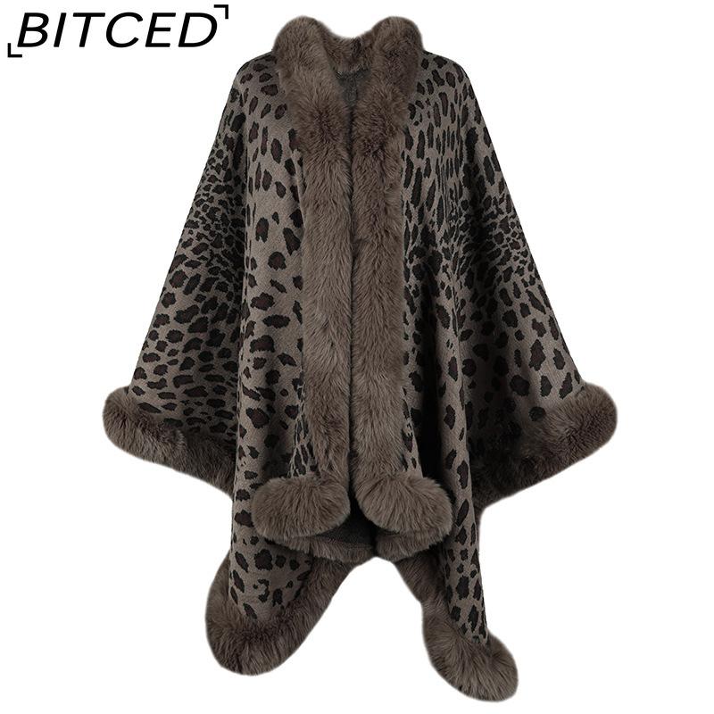 

BITCED Женский осенне-зимний кардиган-кейп с воротником из искусственного меха, шаль с леопардовым принтом, вязаный One size кофейный