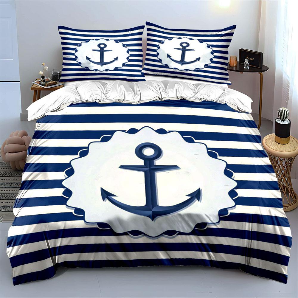 Blue anchors, striped background. Bedding sets Duvet cover sets Duvet covers Pillowcases(1*Duvet Cover 2*Pillowcases without duvet insert)