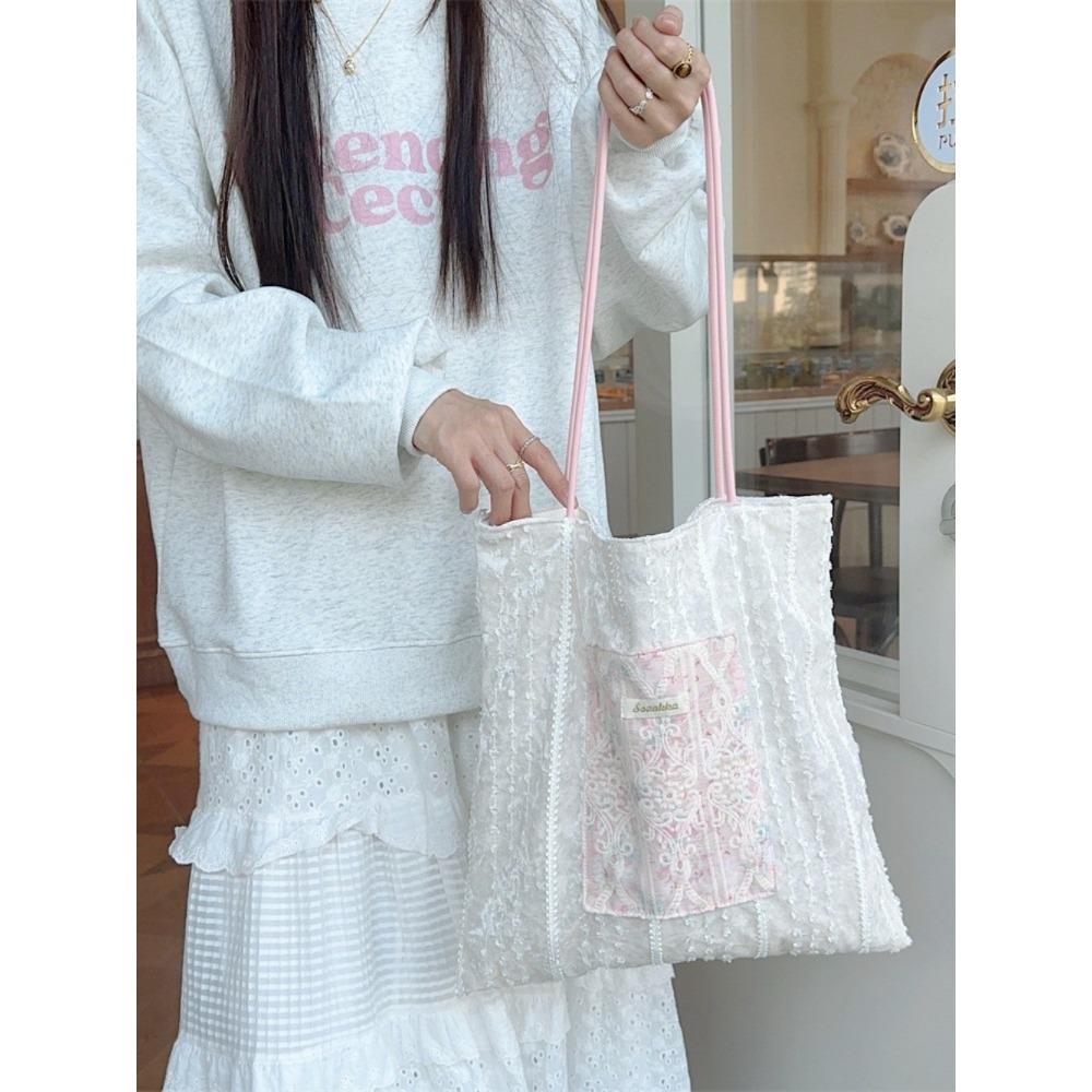 Pearl Light Niche Design Canvas Bag Large-capacity Commuter Bag Lace Hand-held Shoulder Bag for Girls