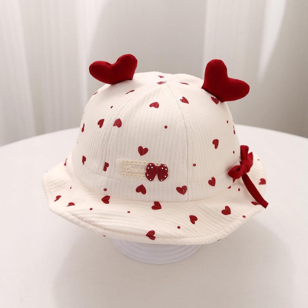 Sweet Baby Girl Bucket Hat Cute Heart Bow Toddler Fisherman Cap Outdoor Sunshade Kids Ruffled Hats
