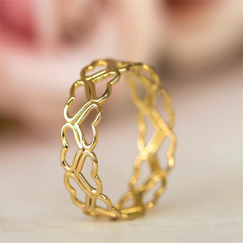 Minimalist Hand Carved Heart Hollow Women's Ring Gold Color Metal Geometry Daily Wear Party Jewelry Anniversary Gift
