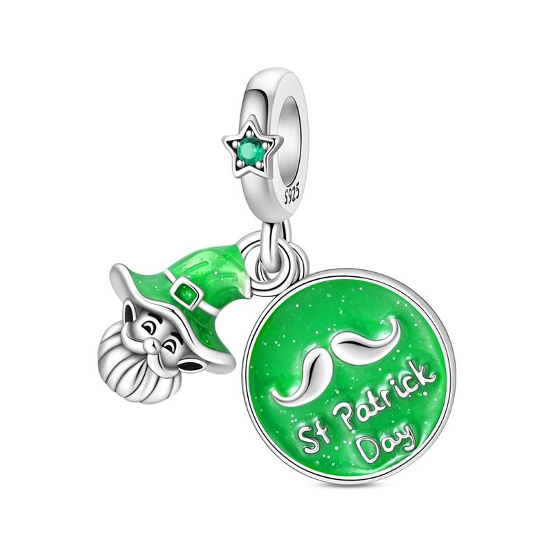 Green Series 925  Silver Dinosaur Bow Puppy Swallow Umbrella Four-Leaf Clover Charm Fit DIY Bracelet Necklace Party Gift