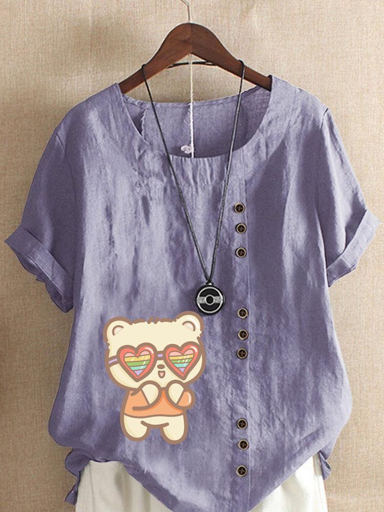 Women's Fashion Cute Cat Print Round Neck Short Sleeve T-shirt Summer Casual Cotton Linen Graphic Shirt Leisure Loose Blouse Tops