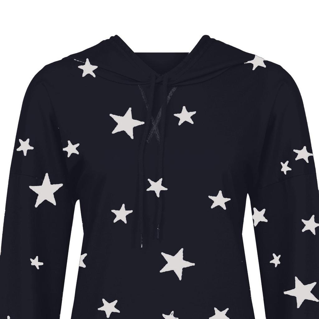 Women Fashion Hooded Star Print Patchwork Long Sleeves Tops Blouse Sweatshirt