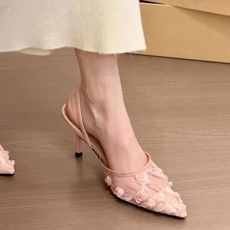 White Women Wedding Pumps Mesh Embroidered Flowers Back Strap Sexy Slingback High Heel Dress Shoes for Ladies