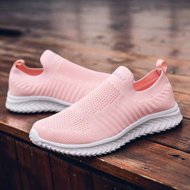 Breathable Knitted Women's Flats Lightweight Men's Running Sports Shoes Slip-on Causal Sneakers Walking Shoes