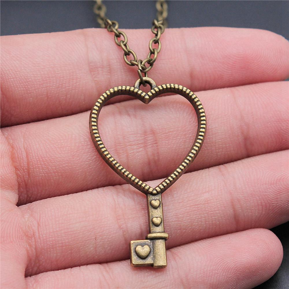 Openwork Resin Photo Frame Geometric Keys Pendant Antique Bronze Silver Metal Friend Collar Necklace