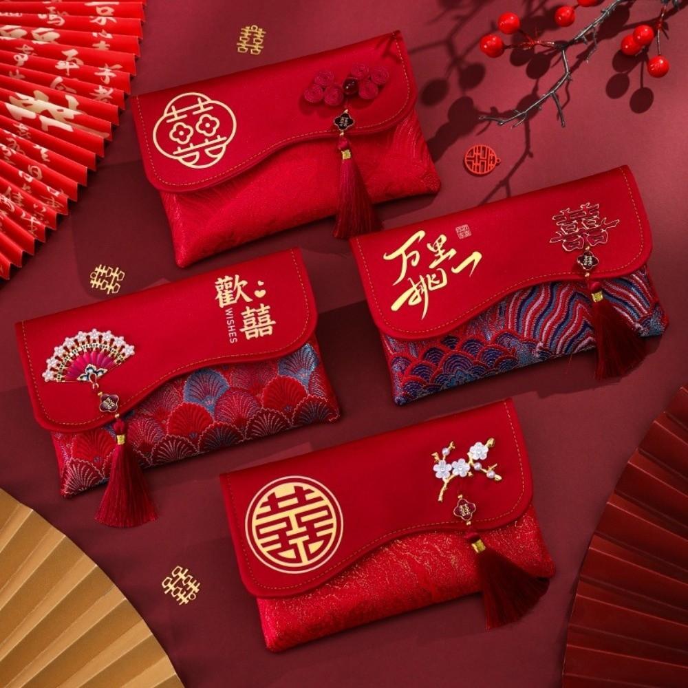 Traditional Red Envelope Multiple Patterns Best Wishes Money Pocket with Tassel Handmade Brocade Bag Cultural Event