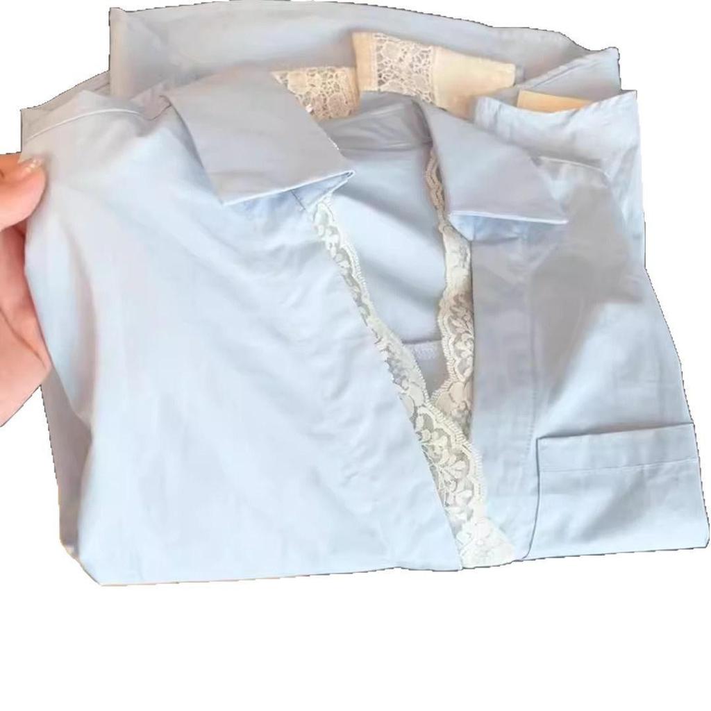 French Waist-Hugging V-Neck Blue Petite Women's Shirt - Niche, Straight Shoulder, Slimming Design
