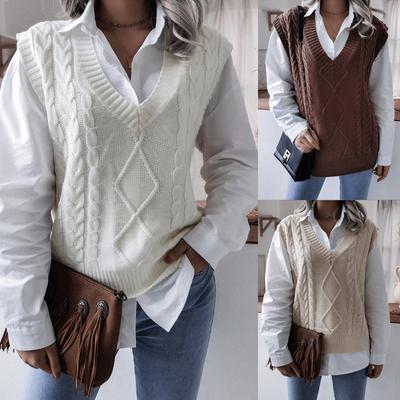 Damen Pullover mit V-Ausschnitt, Vintage-Stil, ärmellos, Pullover, Zopfmuster, Strickwaren