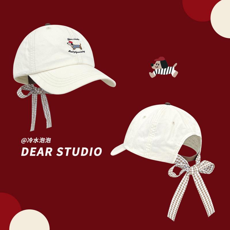 Bow Plaid Strap Cute Puppy Embroidered Baseball Cap Children Versatile Face Cap M(56-58cm)