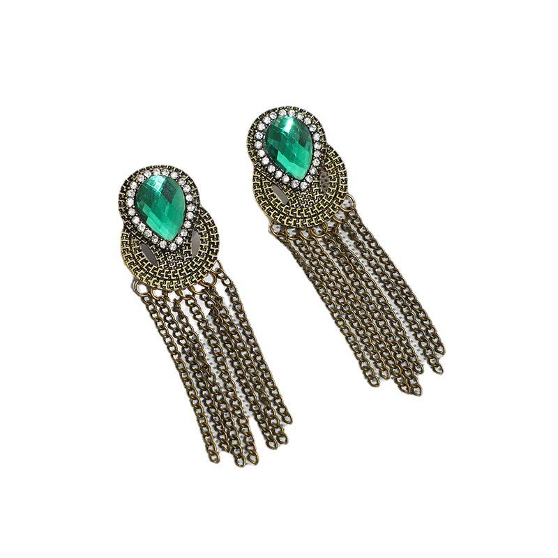 European Retro Long Tassel Rhinestone Drop Earrings, Bohemian Ethnic Style