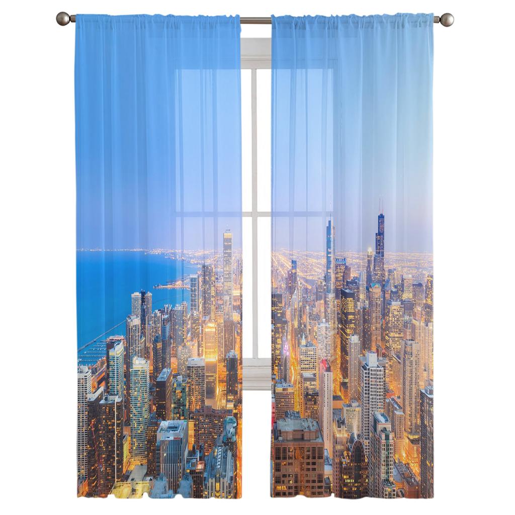 Luxuriöse Tüllvorhänge Lake Michigan City Dämmerung Wohnzimmer Küche Chiffonvorhang Jugendzimmer Transparent Bodenlang Volantvorhang