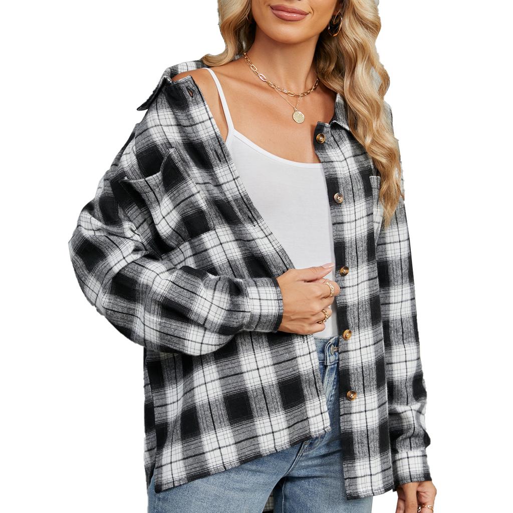 Women's Lapel Long Sleeve Plaid Shirt Loose Fit Elegant Commuter Pocket Design Wrinkle Resistant 100% Rayon Casual Oversized Shirt Jacket