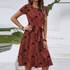 Women's Fashionable Print Round Neck Loose Short Sleeved Pocket Pullover Dress