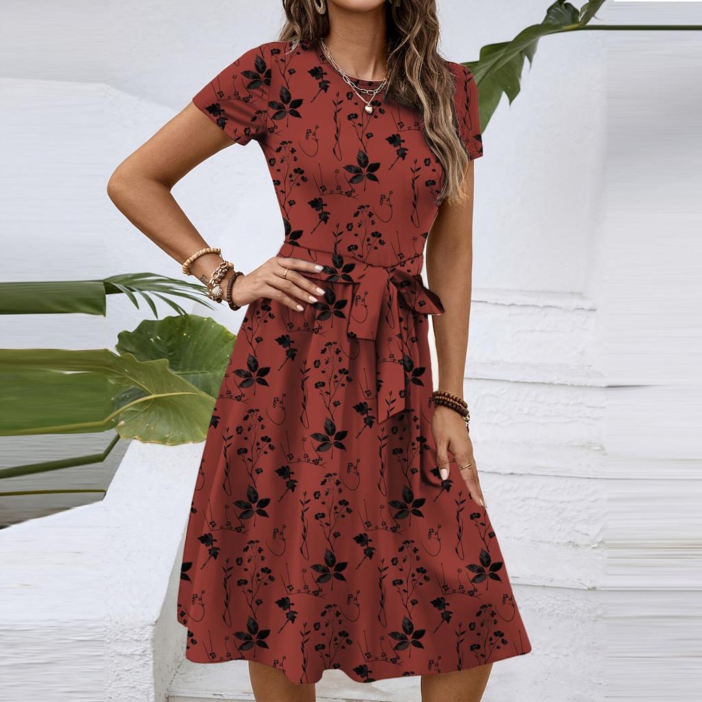 Women's Fashionable Print Round Neck Loose Short Sleeved Pocket Pullover Dress