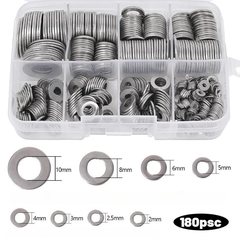 304 Stainless Steel Flat Washer Set M2-M12 Metal Screw Washers Rings Plain Gaskets Fastener Hardware Assortment Kits for Repair, Kitchens, Shops &More