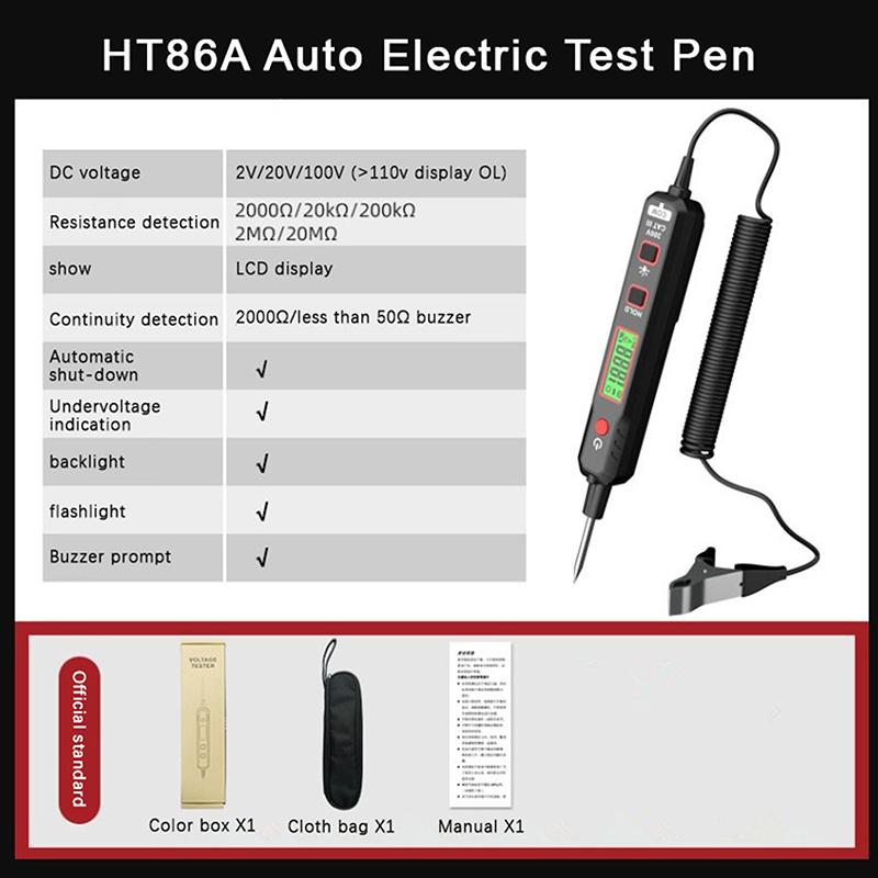 Ht86A Car Voltage Detector Pen Automobile Fault Maintenance Circuit Tester Digital Backlight Car Fuse Diagnostic Probe Test Pen