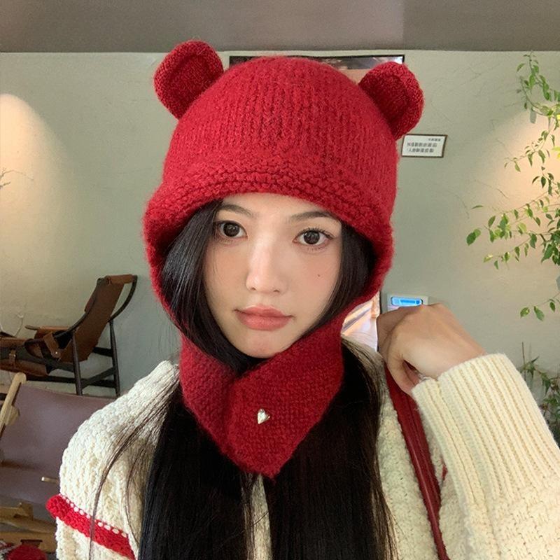 Nuovo cappello lavorato a maglia in lana con orsetto, autunno e inverno, cappello caldo a pullover, protezione per le orecchie fredde all'aperto per bambini, cappello Lei Feng