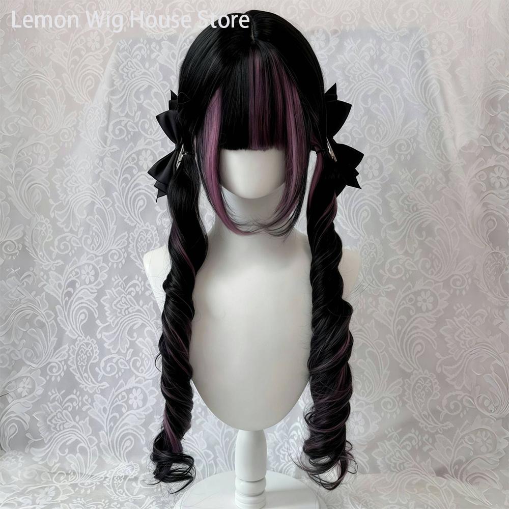 Black Wig with Pink Cosplay Wigs with Bangs  Lolita Long Curly Hair Wig Woman Party Cosplay Wig Natural Heat Resistant