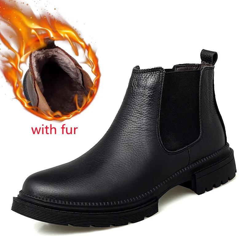 Chelsea Boots Men outdoor Handmade Business Black Red Slip on Flock genuine leather Boots Sapato Masculino plush Men snow Boots