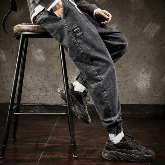 Mid-Rise Elastic Waistband Drawstring Shrinkable Cuffs Casual Jeans Men Multi Pockets Hip Hop Denim Jogging Pants Streetwear