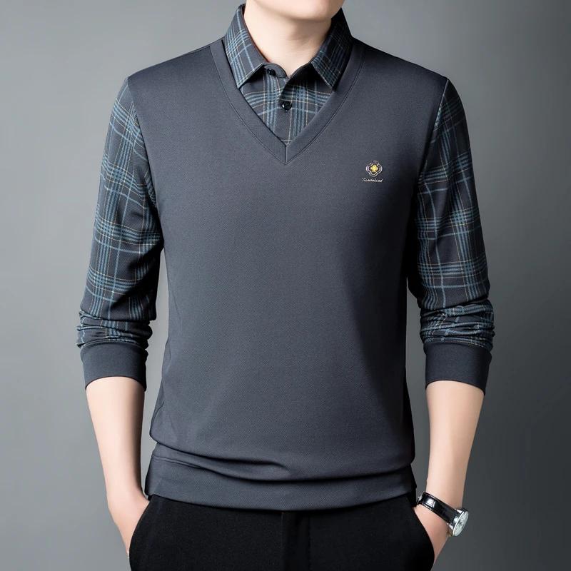 

Browon Brand Icon T-Shirts Man Spring Autumn 2025 New Plaid Striped Long Sleeve T Shirt For Men Turn Down Collar Casual Tops M серый