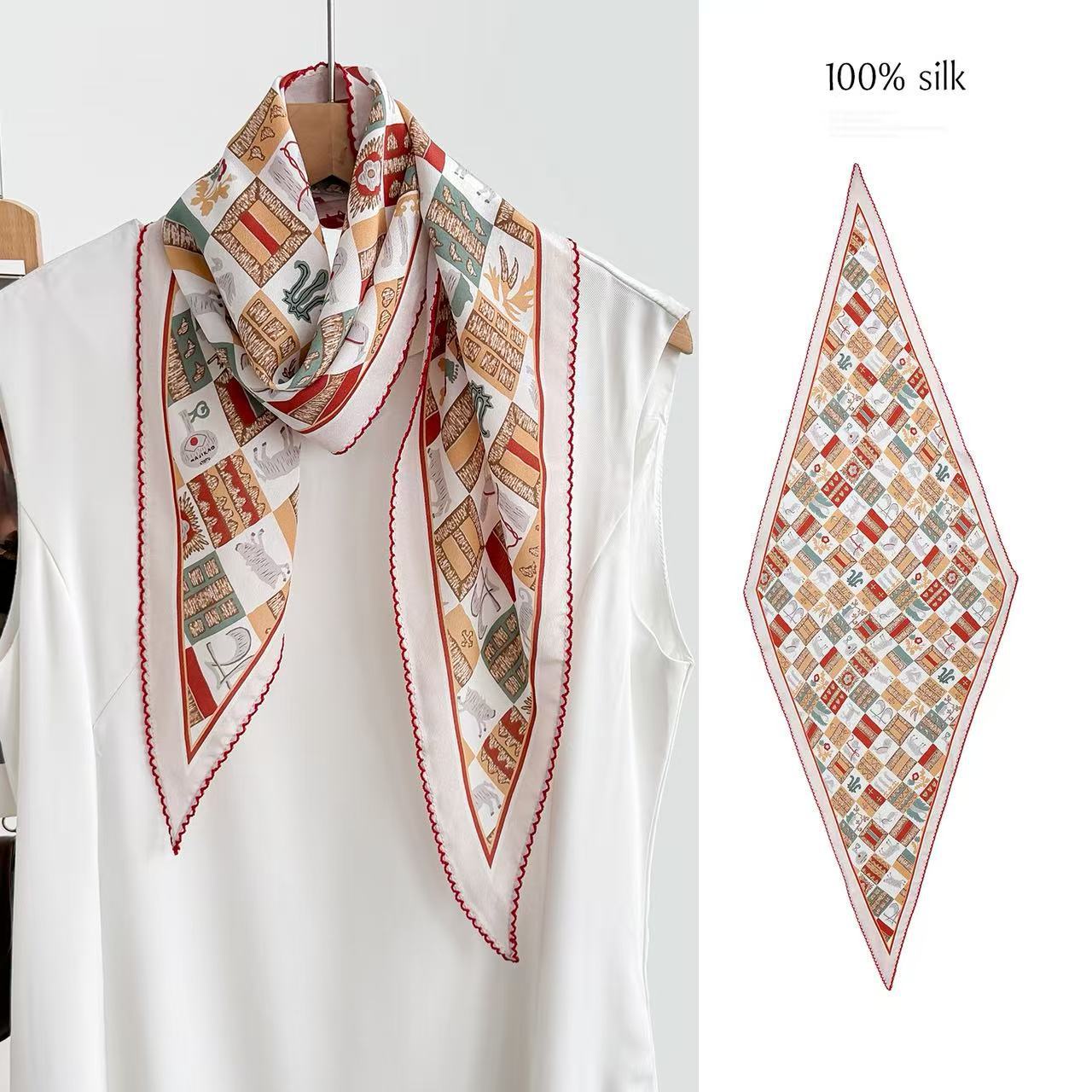 Double crepe lace rhombus scarf 2026 spring new women s silk scarf high-end fashion versatile mulberry silk scarf 42*145