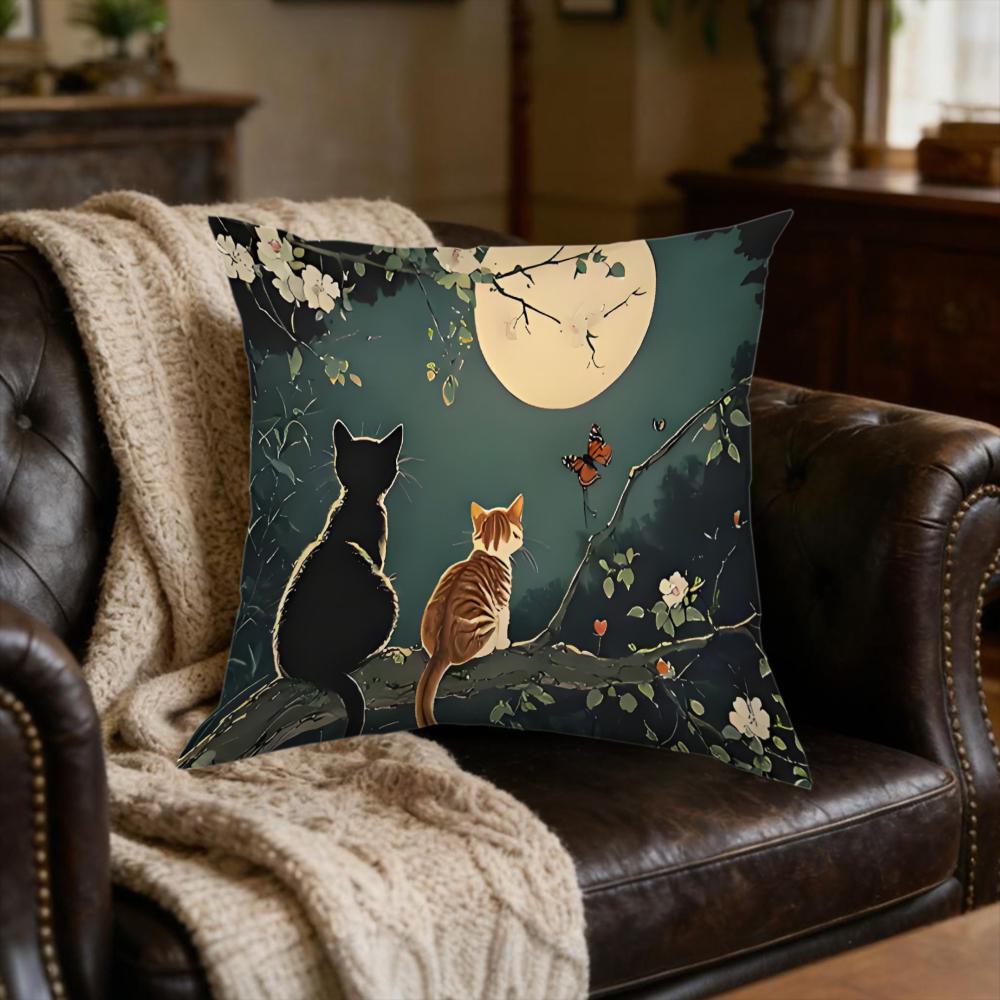 1Pc Vintage Style Cushion Cover Green Black Cat Moon Floral Pillowcase For Sofa Bedroom Decorative Throw Case Home Decoration