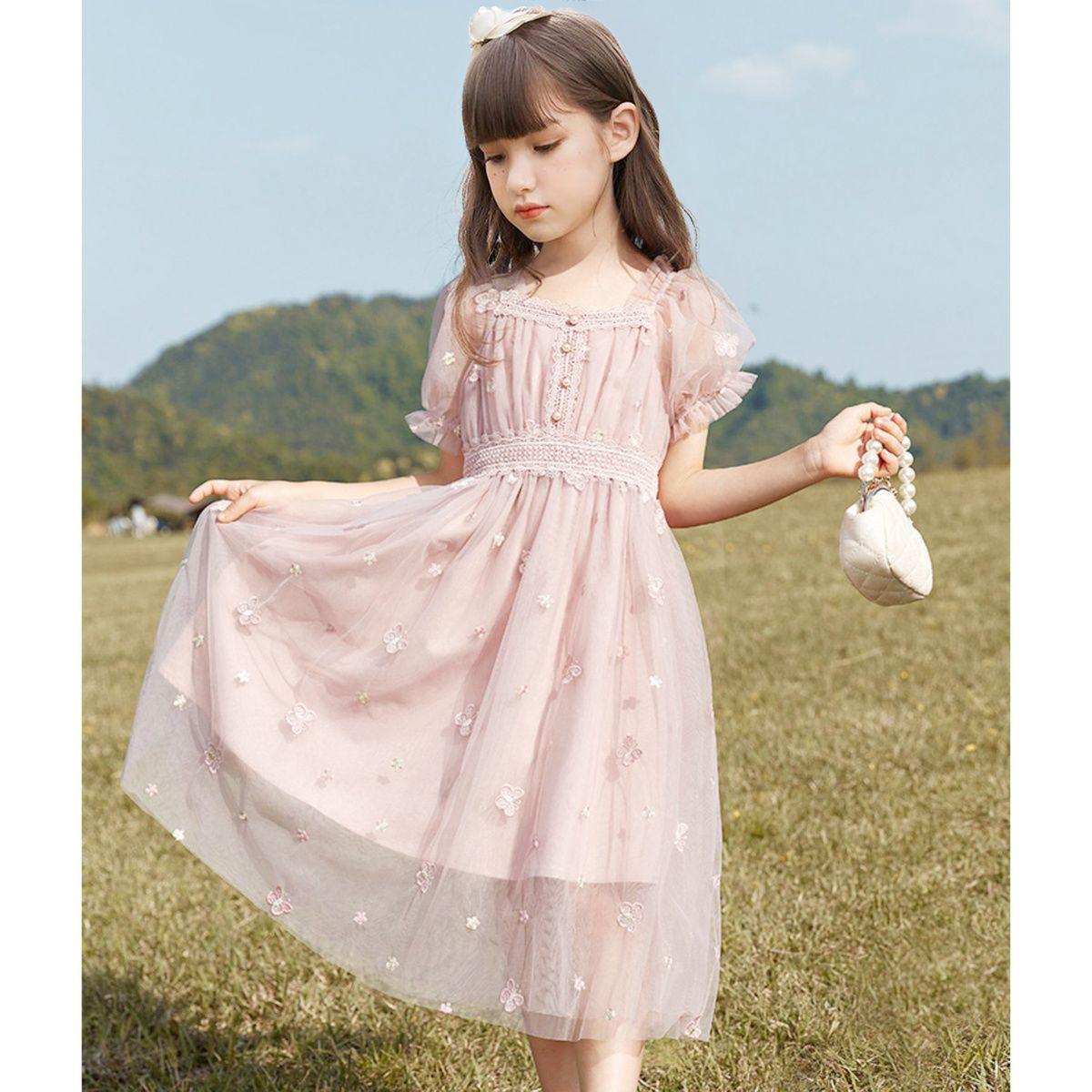 

Сладкое розовое тюлевое платье для девочек, летнее детское платье принцессы с короткими рукавами 120