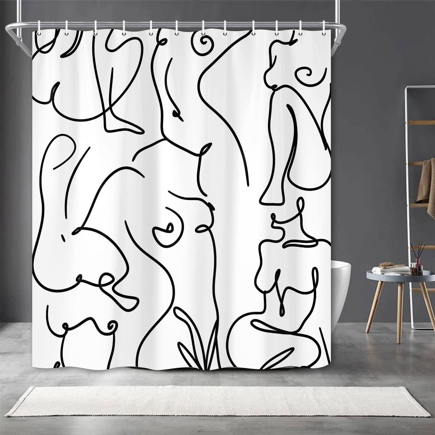 Exquisite Fashion Items Black/White Nude Adults Shower Curtain, And Abstract Line Minimalist Nordic Style Modern Shower Curtain Sets, Boho Retro Simple
