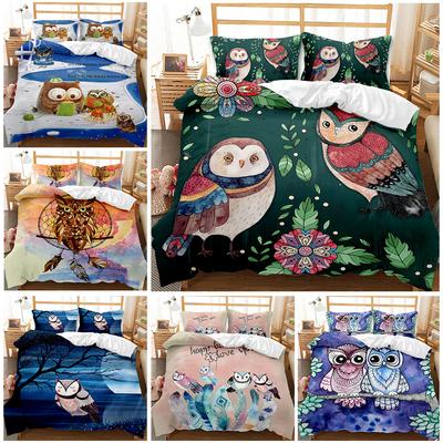 Cartoon Owl Child Duvet Cover Set,Mysterious Forest Retro Boho Design Bedding Set With 2 Pillow Shams, Queen/King/Full/Twin Size