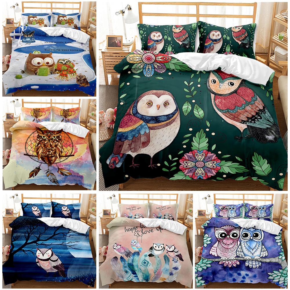 Cartoon Owl Child Duvet Cover Set,Mysterious Forest Retro Boho Design Bedding Set With 2 Pillow Shams, Queen/King/Full/Twin Size