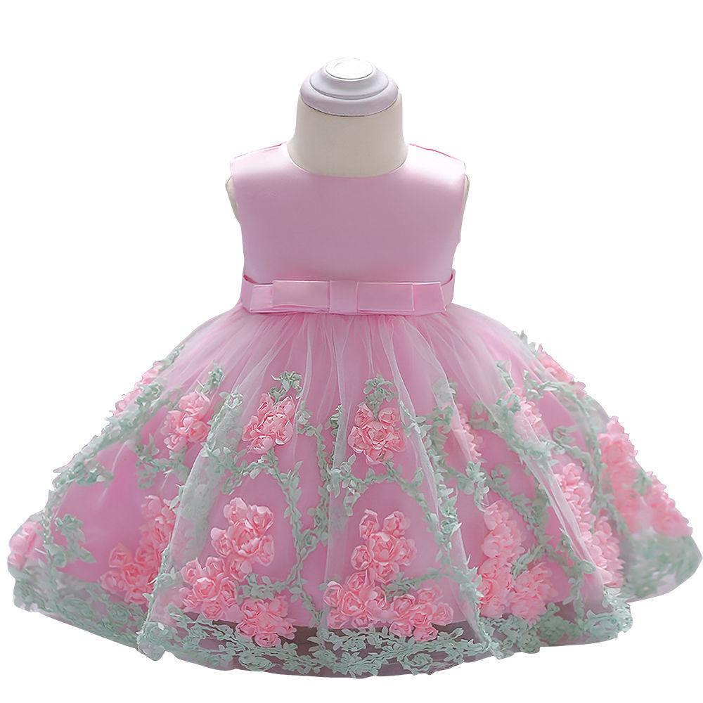 Summer Girls' Children's Dress Children's Wedding Dress Baby's First Birthday Dress Applique Mesh Puffy Skirt